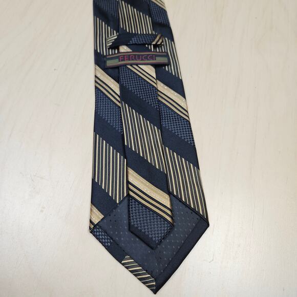 Ferucci Men's Repp Tie Black & Gold Office Executive 90% Silk Shiny gold thread - Picture 2 of 5